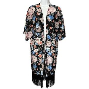 Carmen Marc Valvo Floral Fringe Kimono/Cover-Up Black Multi-Color XS-S